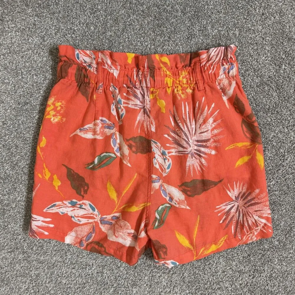 Gap Paperbag Pull Shorts Womens Small Orange Tropical Floral Linen Blend Summer